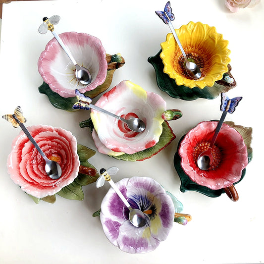 European Style Luxury Flower Ceramic Afternoon Tea Coffee Cup and Saucer Set