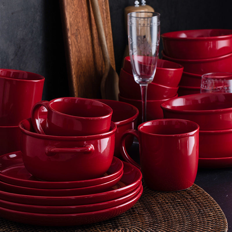 Luxury Red Glaze Ceramic Dinner Sets Kitchen Utensils Porcelain Salad Serving Plate Dish Bowl Restaurant Dining Table Home Decor